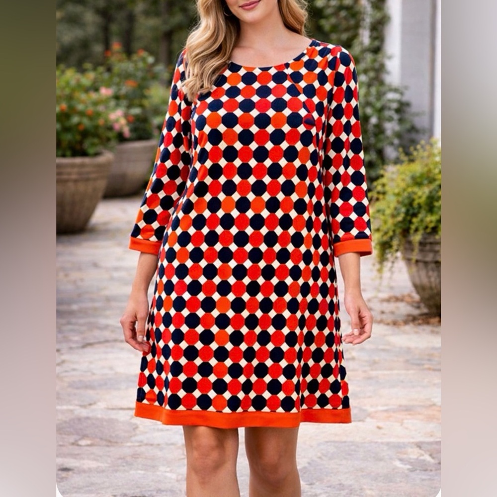 Eliza J Geometric Shift Dress | Pink Orange Navy Mod Print Lined Work Dress